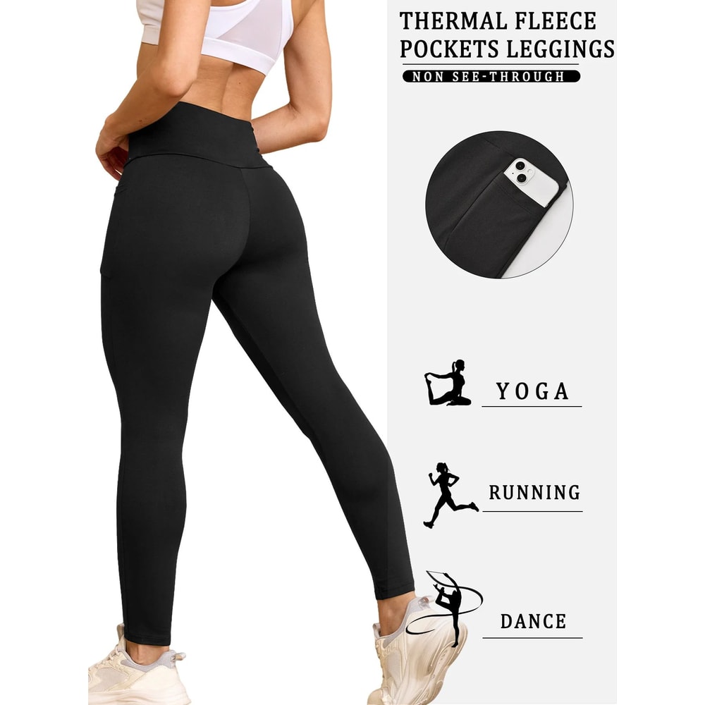Womens Winter Thermal Leggings With Pockets High Waisted Fleece Lined Tummy Control Warm Workout R 1