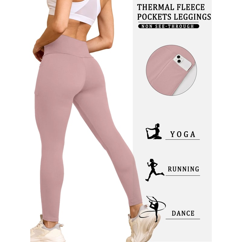 Womens Winter Thermal Leggings With Pockets High Waisted Fleece Lined Tummy Control Warm Workout R 7