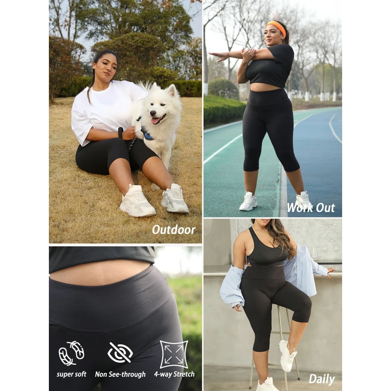 Plus Size High Waisted Yoga Capri Leggings For Women Super Soft Tummy Control No See Through Worko 5