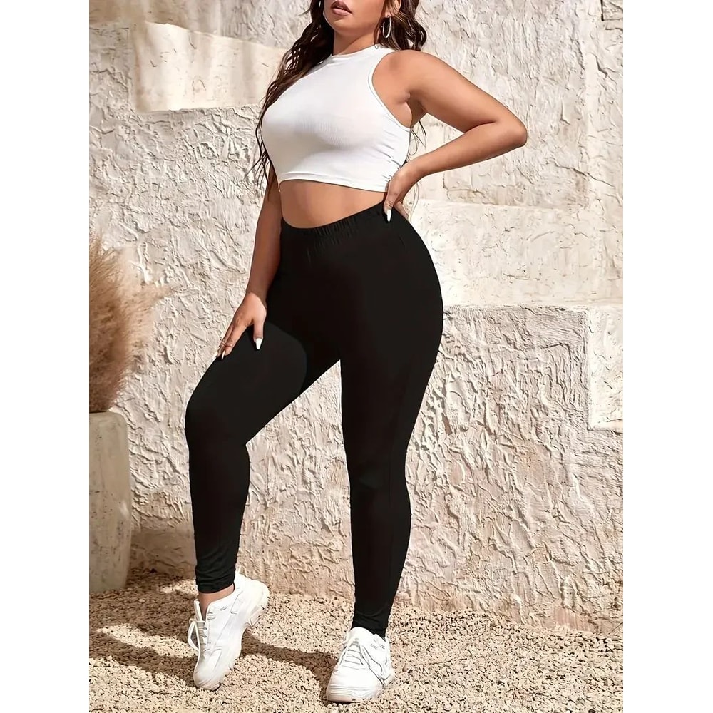 Womens Plus Size HighWaist Black Stretch Leggings Slim Fit AnkleLength Casual Sport Pants 3