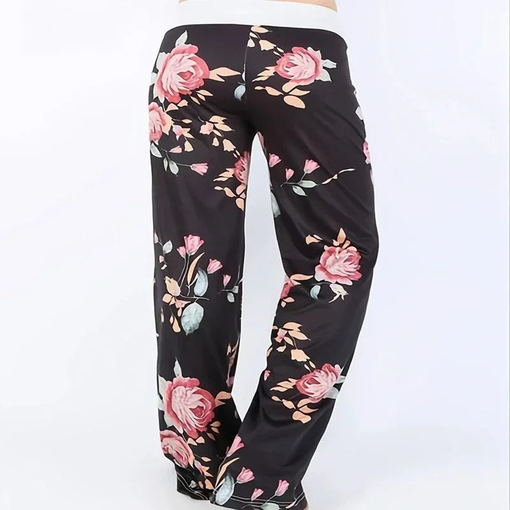 Womens Plus Size Floral Wide Leg Yoga Pants Loose Fit Drawstring Casual Lounge Trousers 3