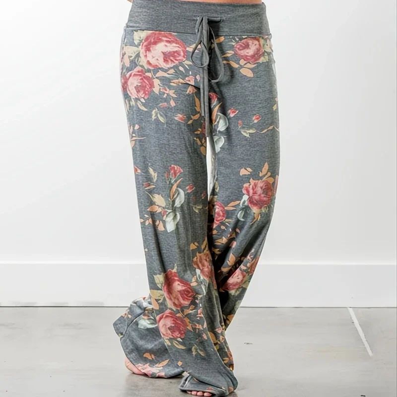 Womens Plus Size Floral Wide Leg Yoga Pants Loose Fit Drawstring Casual Lounge Trousers 4