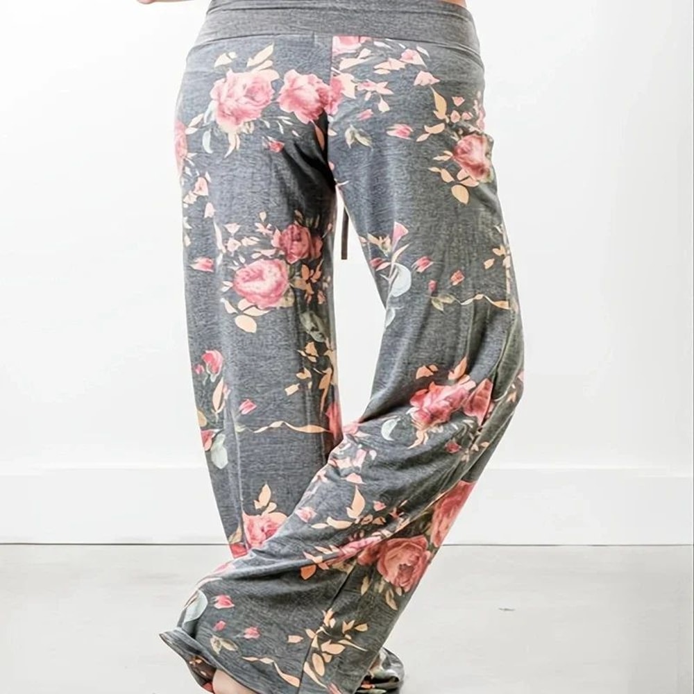 Womens Plus Size Floral Wide Leg Yoga Pants Loose Fit Drawstring Casual Lounge Trousers 5