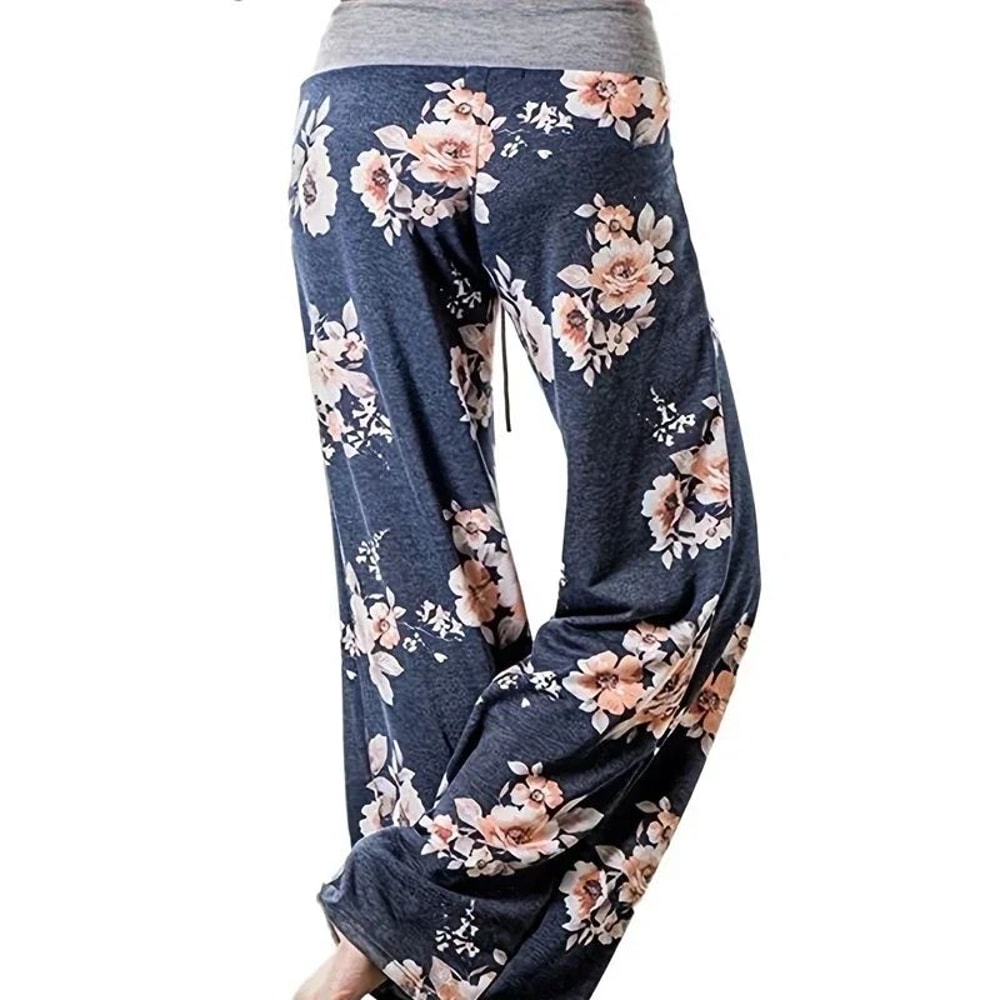 Womens Plus Size Floral Wide Leg Yoga Pants Loose Fit Drawstring Casual Lounge Trousers 9