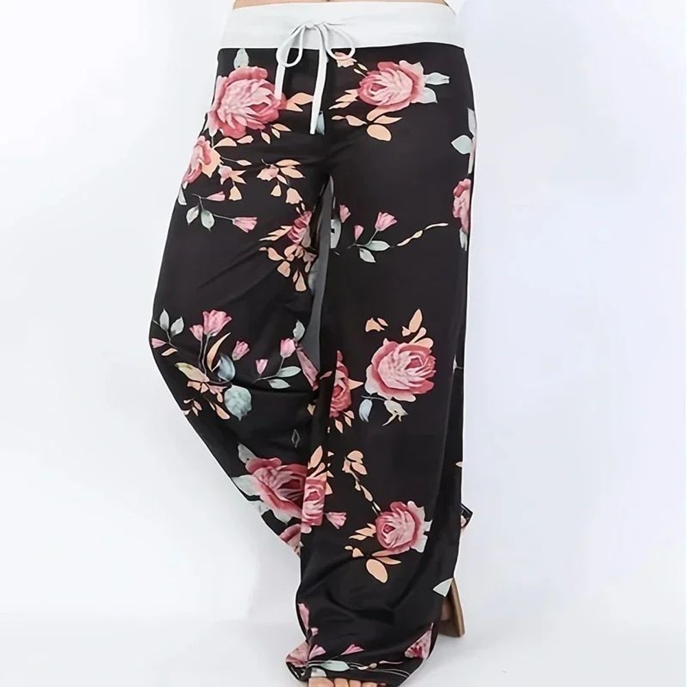 Womens Plus Size Floral Wide Leg Yoga Pants Loose Fit Drawstring Casual Lounge Trousers 11