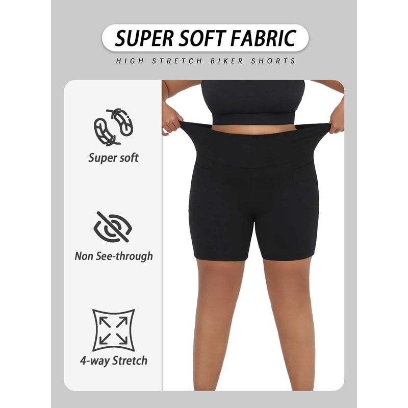 Womens Plus Size HighWaist Biker Shorts With Pockets Tummy Control Stretch Workout Yoga Shorts 1