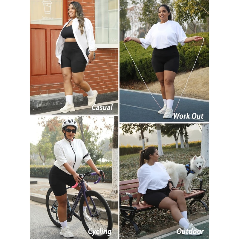 Womens Plus Size HighWaist Biker Shorts With Pockets Tummy Control Stretch Workout Yoga Shorts 3
