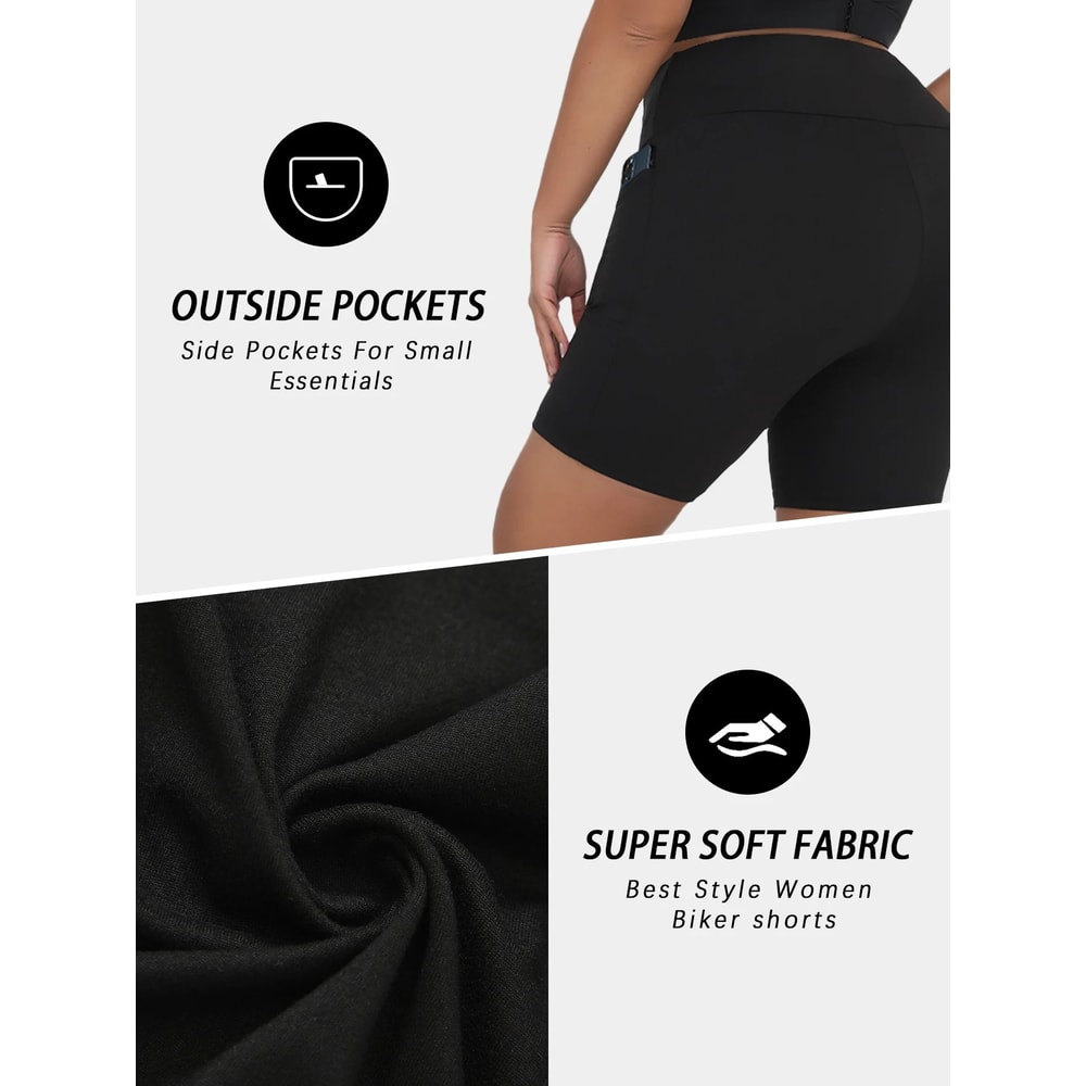 Womens Plus Size HighWaist Biker Shorts With Pockets Tummy Control Stretch Workout Yoga Shorts 2