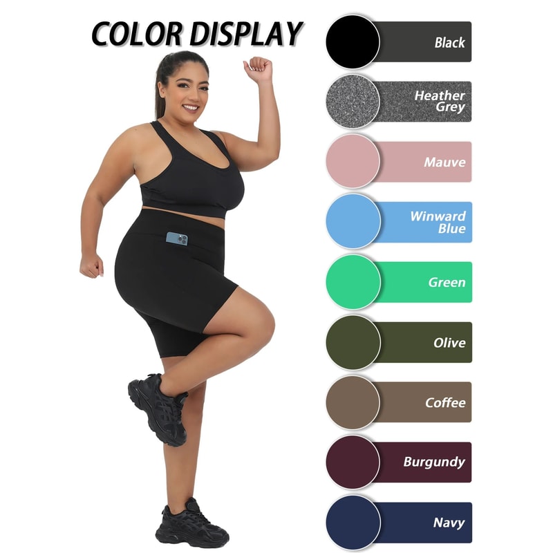 Womens Plus Size HighWaist Biker Shorts With Pockets Tummy Control Stretch Workout Yoga Shorts 4