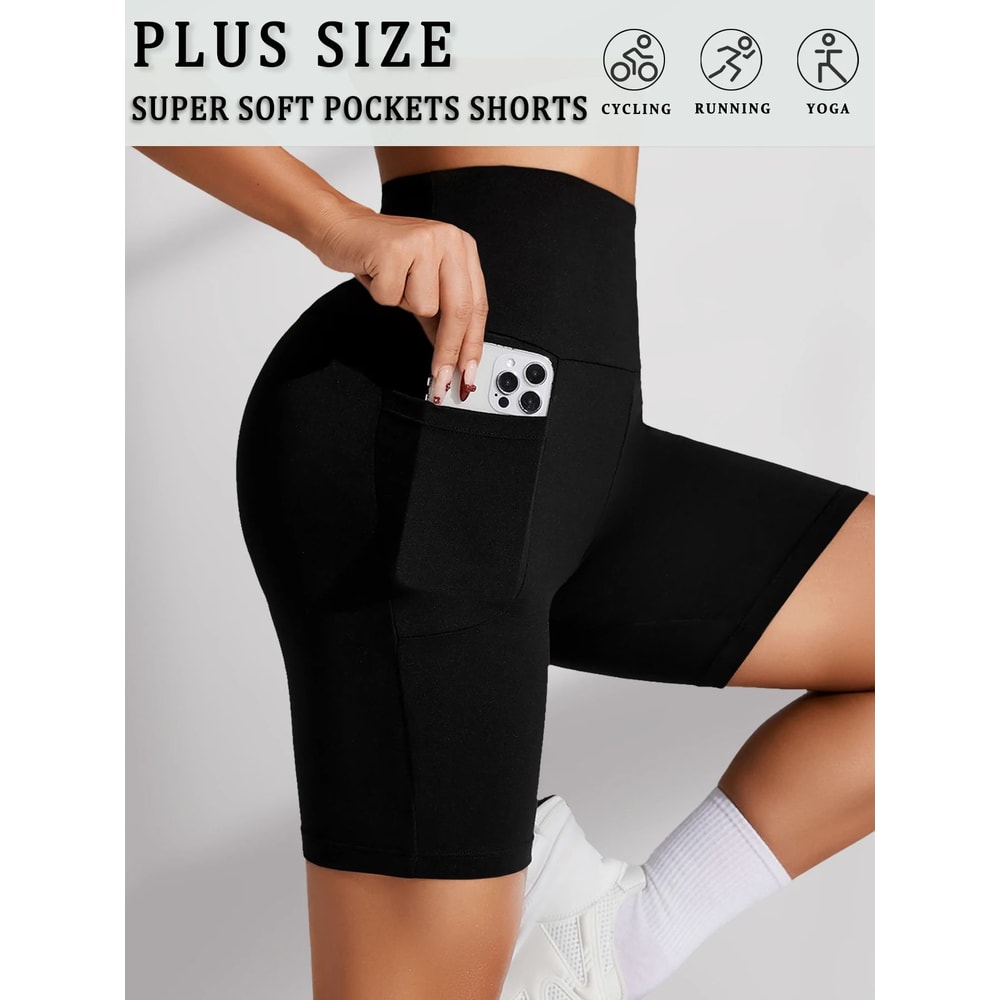 Womens Plus Size HighWaist Biker Shorts With Pockets Tummy Control Stretch Workout Yoga Shorts 5
