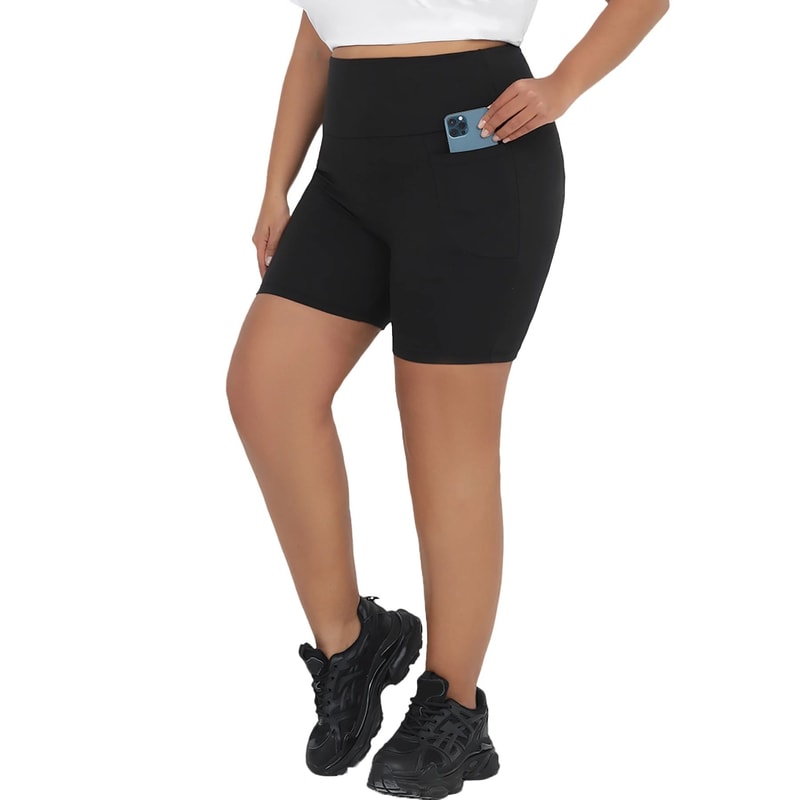Womens Plus Size HighWaist Biker Shorts With Pockets Tummy Control Stretch Workout Yoga Shorts 0