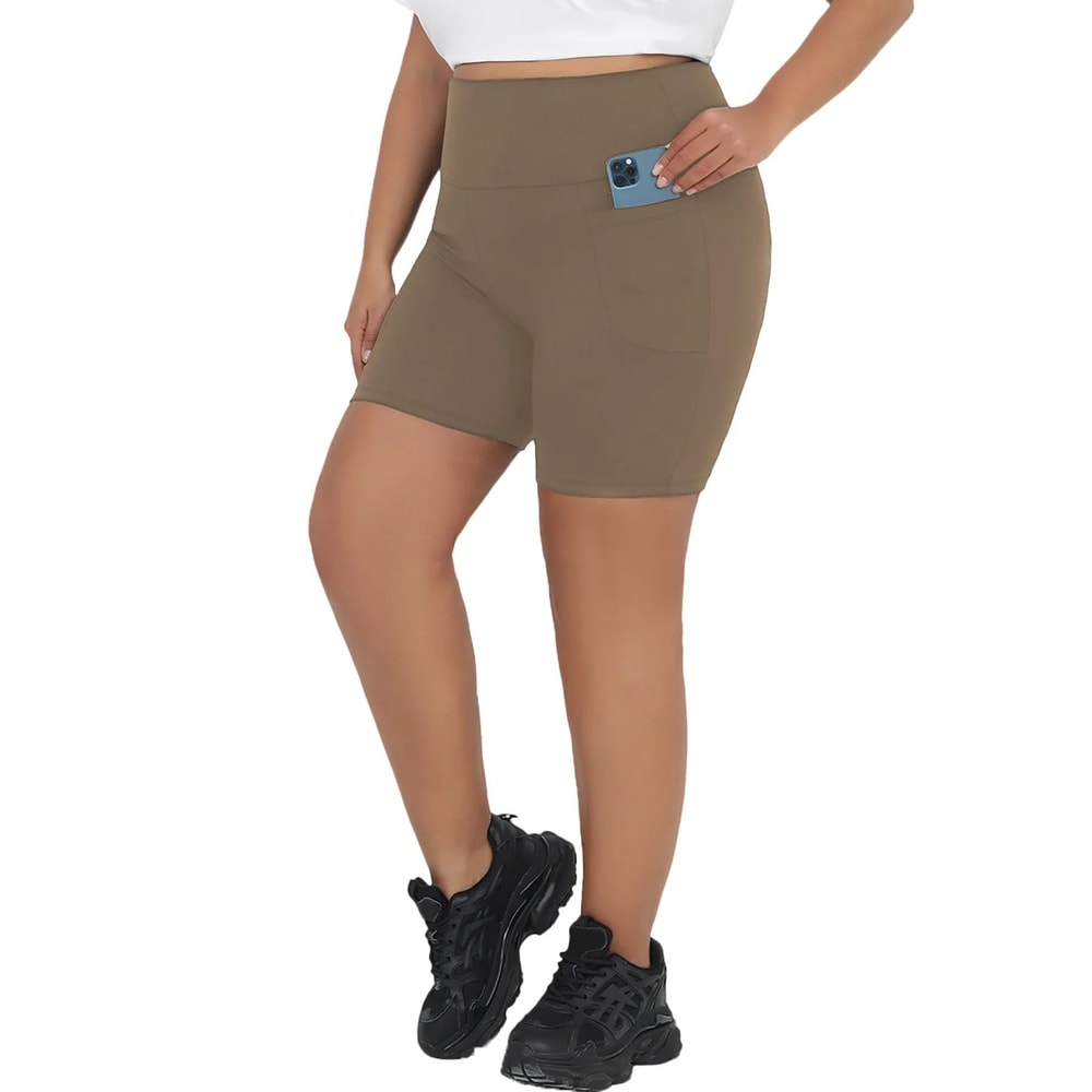 Womens Plus Size HighWaist Biker Shorts With Pockets Tummy Control Stretch Workout Yoga Shorts 6