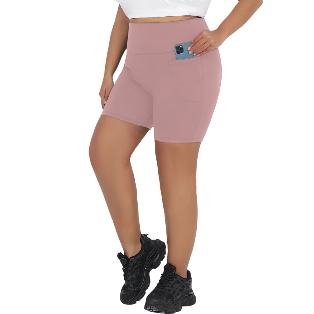 Womens Plus Size HighWaist Biker Shorts With Pockets Tummy Control Stretch Workout Yoga Shorts 7
