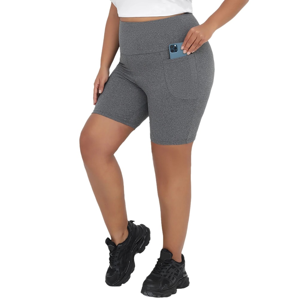 Womens Plus Size HighWaist Biker Shorts With Pockets Tummy Control Stretch Workout Yoga Shorts 9
