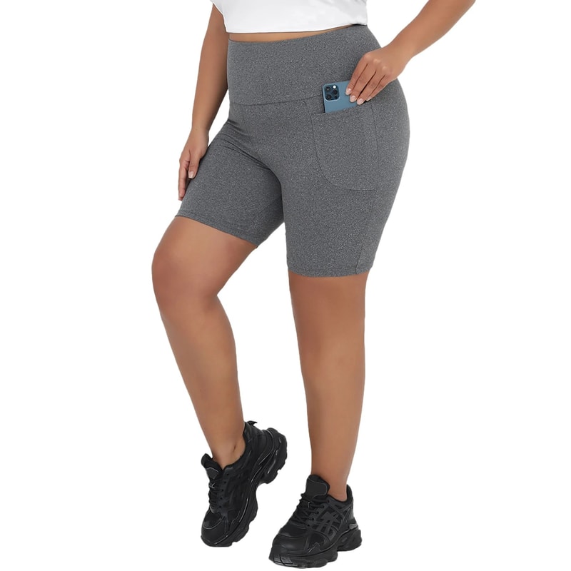 Womens Plus Size HighWaist Biker Shorts With Pockets Tummy Control Stretch Workout Yoga Shorts 9