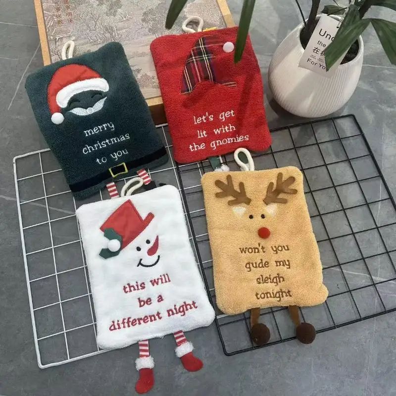 Christmas Cartoon Hanging Hand Towel Thick Coral Fleece Absorbent Kitchen Bathroom Cloth 1