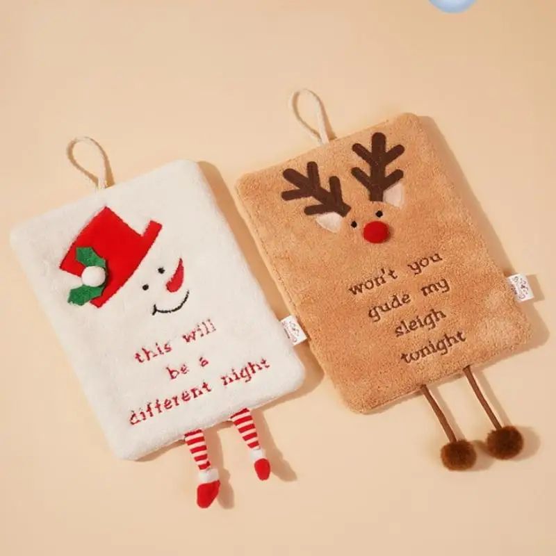 Christmas Cartoon Hanging Hand Towel Thick Coral Fleece Absorbent Kitchen Bathroom Cloth 2
