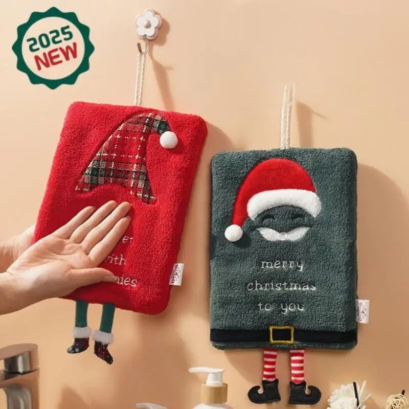 Christmas Cartoon Hanging Hand Towel Thick Coral Fleece Absorbent Kitchen Bathroom Cloth 4
