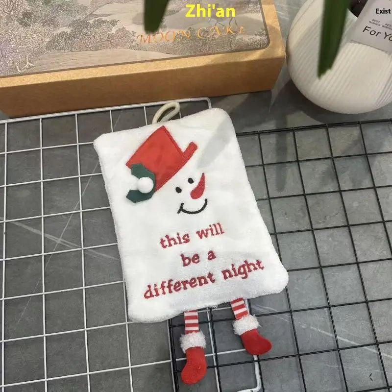 Christmas Cartoon Hanging Hand Towel Thick Coral Fleece Absorbent Kitchen Bathroom Cloth 8