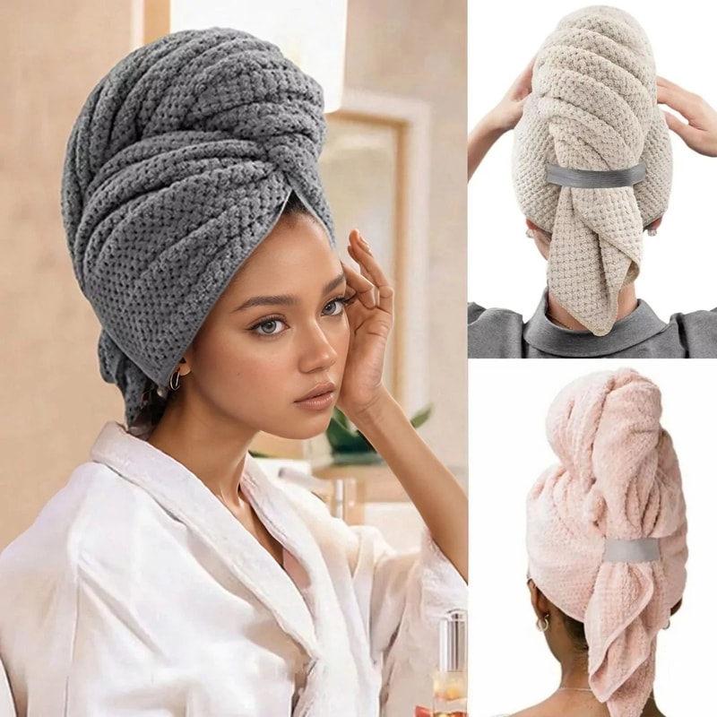 Large Microfiber Hair Towel Wrap Ultra Soft QuickDry AntiFrizz Hair Turban With Elastic Loop 0