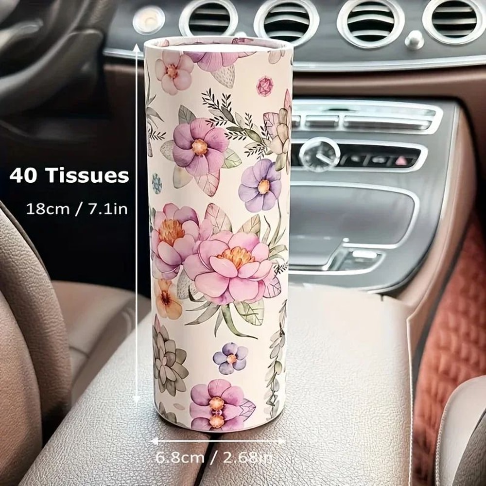 2pcs Floral Car Tissue Holder Set Creative Printed Hanging Tissue Barrel For Auto Interior 1