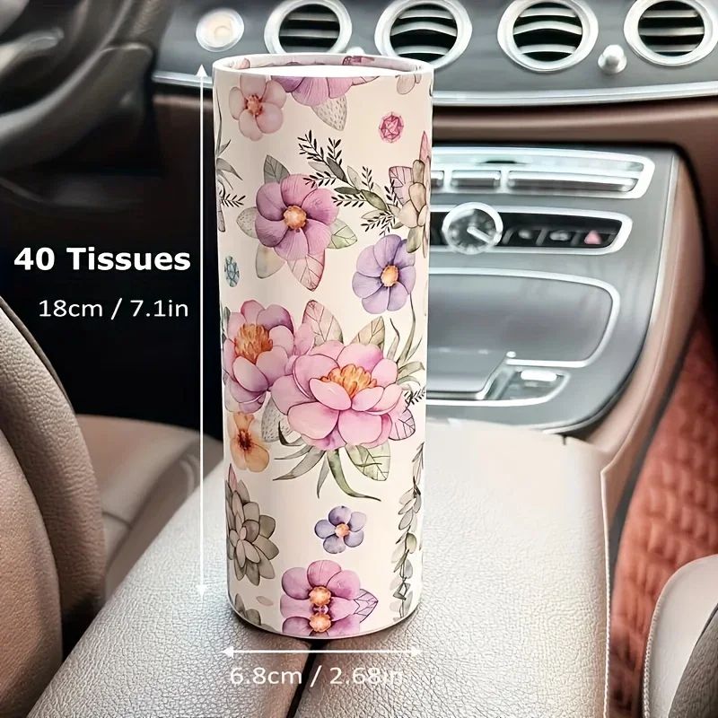 2pcs Floral Car Tissue Holder Set Creative Printed Hanging Tissue Barrel For Auto Interior 1