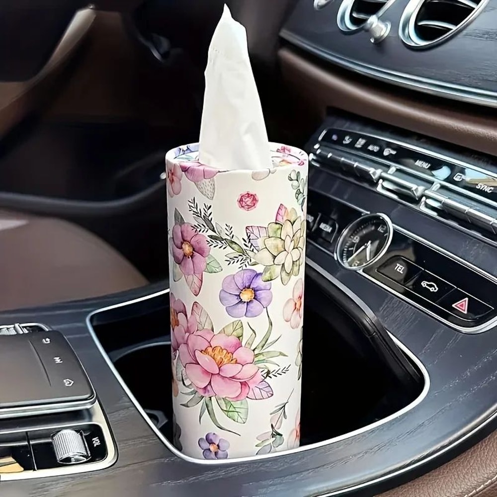 2pcs Floral Car Tissue Holder Set Creative Printed Hanging Tissue Barrel For Auto Interior 2