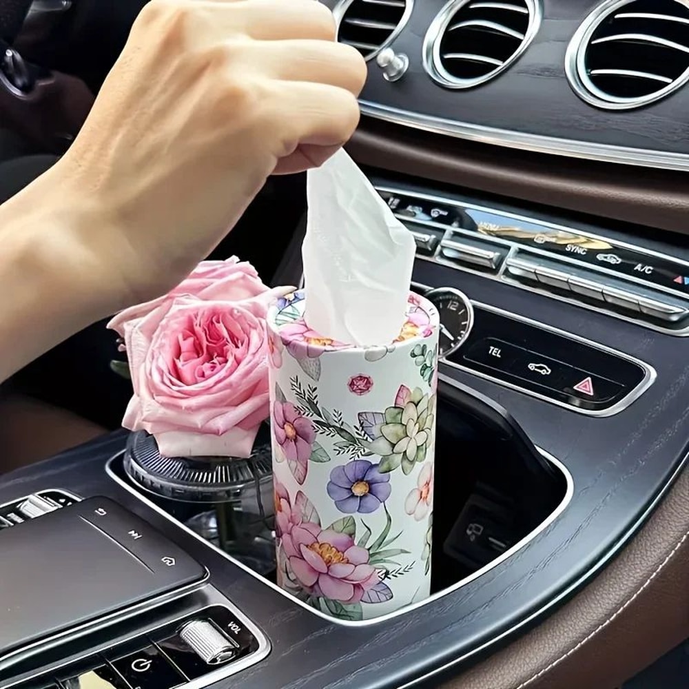 2pcs Floral Car Tissue Holder Set Creative Printed Hanging Tissue Barrel For Auto Interior 3