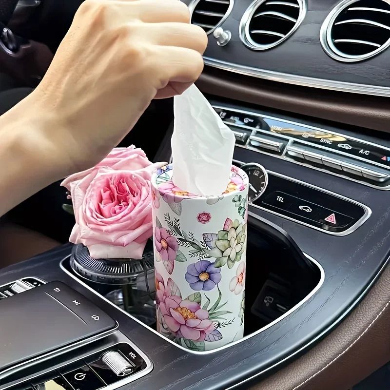 2pcs Floral Car Tissue Holder Set Creative Printed Hanging Tissue Barrel For Auto Interior 3