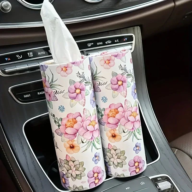 2pcs Floral Car Tissue Holder Set Creative Printed Hanging Tissue Barrel For Auto Interior 4