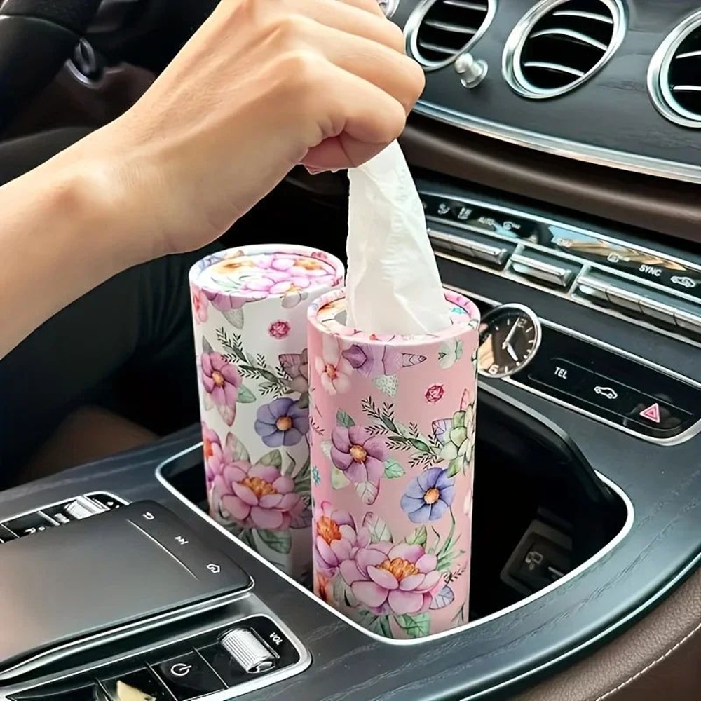 2pcs Floral Car Tissue Holder Set Creative Printed Hanging Tissue Barrel For Auto Interior 0
