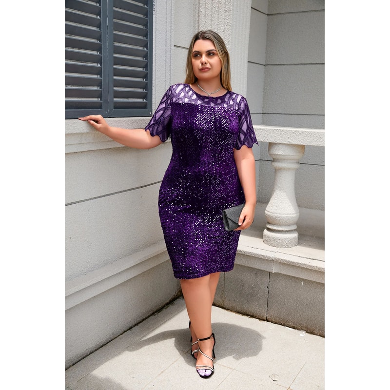 Womens Elegant Sequin Lace Bodycon Midi Dress Mesh Short Sleeve Wedding Evening Party Dress 10