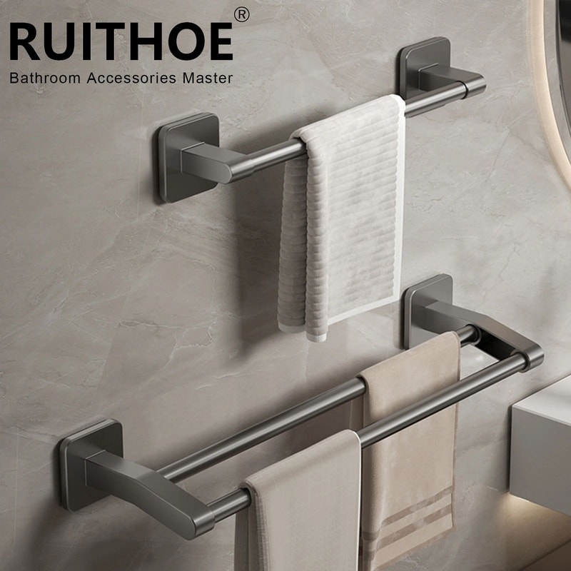 Wall Mount Double Towel Rack No Drill ABS 2Tier Bathroom Towel Bar 5