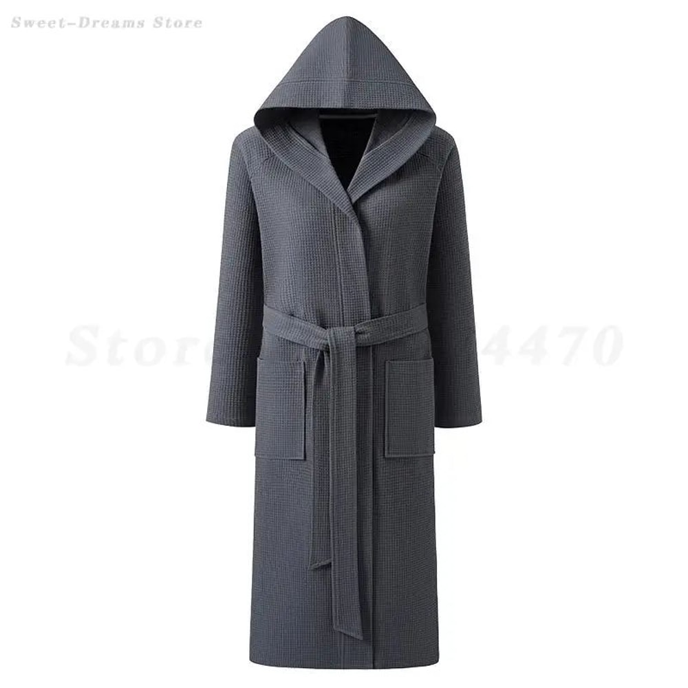 Couple Hooded Waffle Cotton Bathrobe Kimono Lounge Sleepwear Robe Set 0
