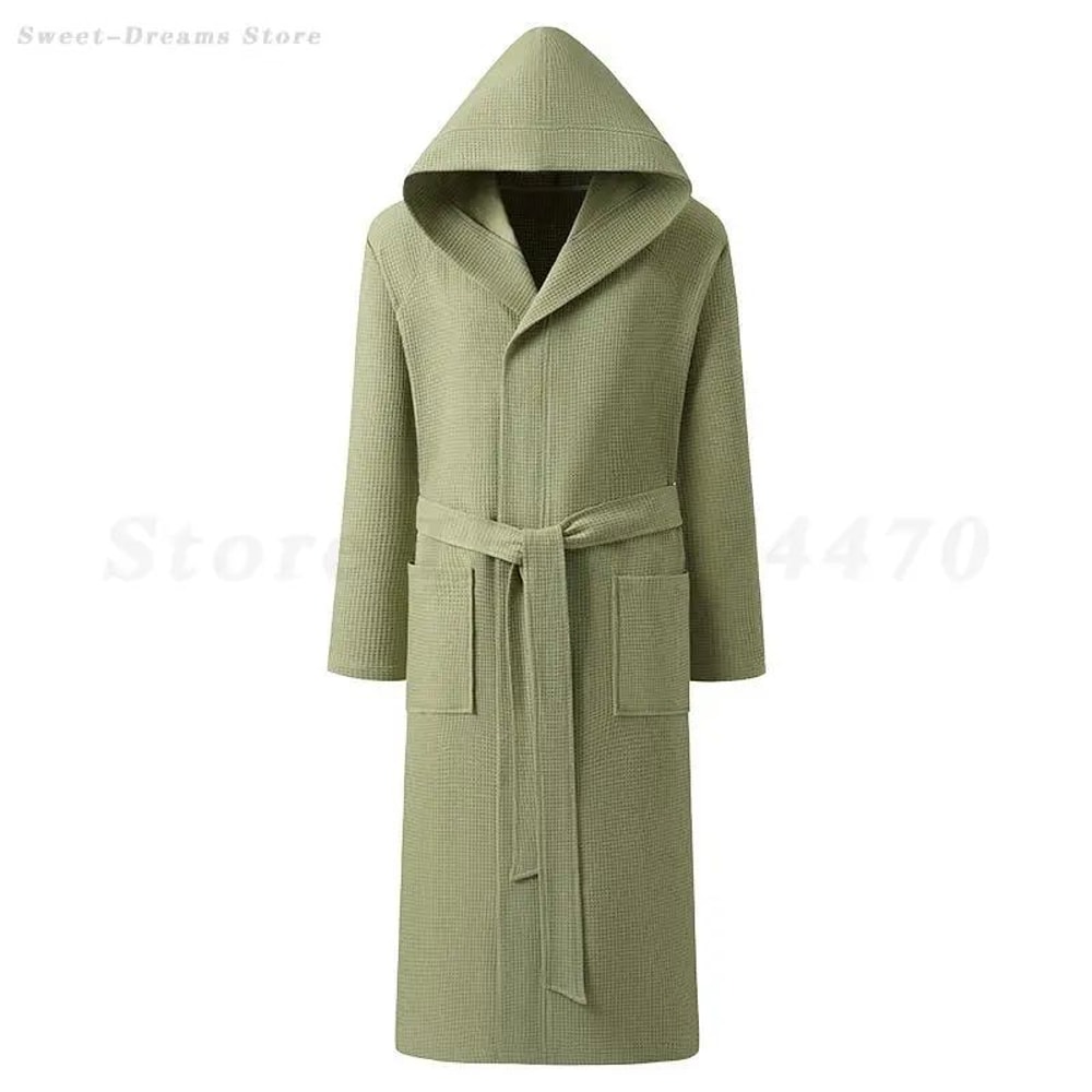 Couple Hooded Waffle Cotton Bathrobe Kimono Lounge Sleepwear Robe Set 3