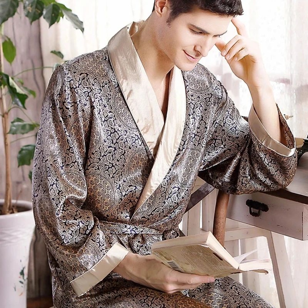 Mens Luxury Satin Silk Kimono Bathrobe Gold Print Shawl Collar Long Lounge Robe Plus Size 0