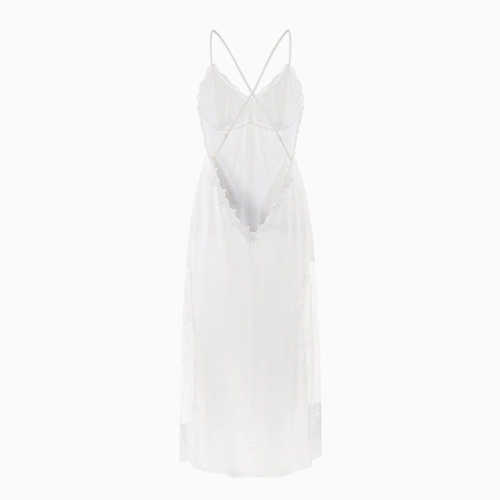 Womens Satin Lace Suspender Nightgown Sexy Mesh Silk Sleepwear MidCalf Loungewear Dress 4