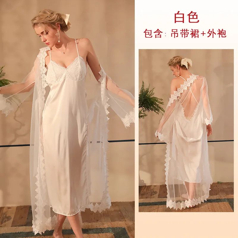 Womens Satin Lace Suspender Nightgown Sexy Mesh Silk Sleepwear MidCalf Loungewear Dress 3