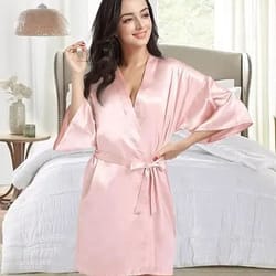 women's luxury satin silk kimono robe navy blue bridesmaid short sleeve bathrobe