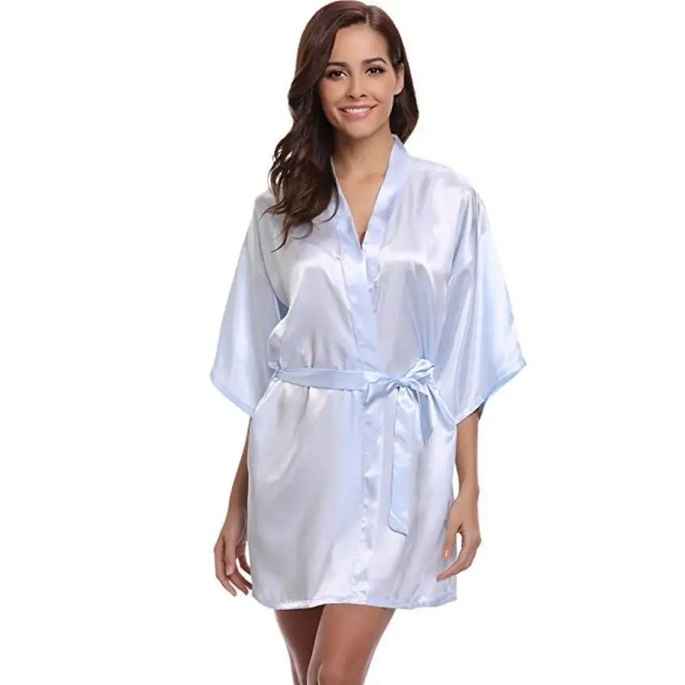 Womens Luxury Satin Silk Kimono Robe Navy Blue Bridesmaid Short Sleeve Bathrobe 17