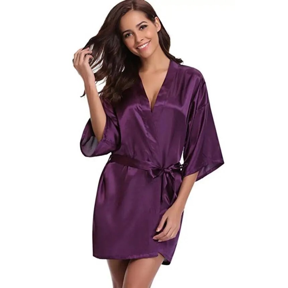 Womens Luxury Satin Silk Kimono Robe Navy Blue Bridesmaid Short Sleeve Bathrobe 8