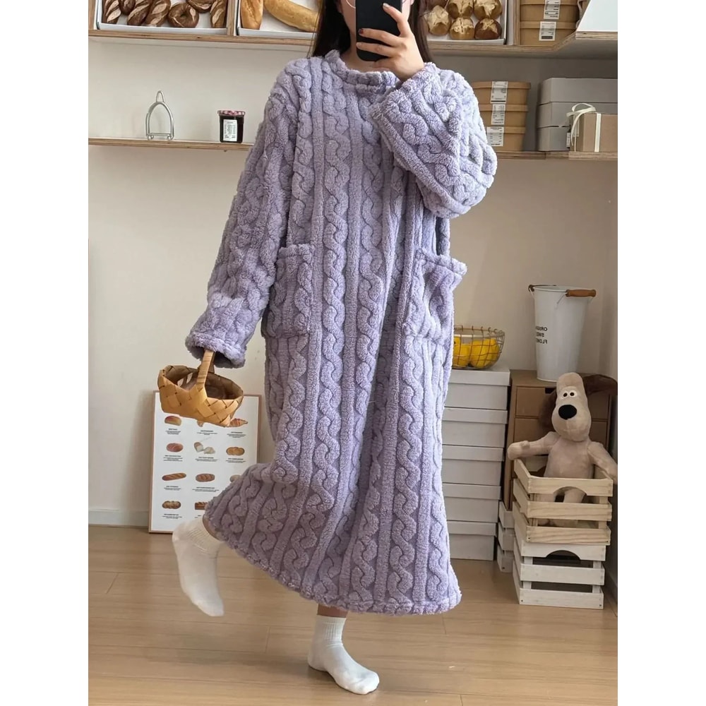 Womens Winter Flannel Nightgown Long Sleeve Thick Coral Fleece Warm Sleep Dress With Pockets 9