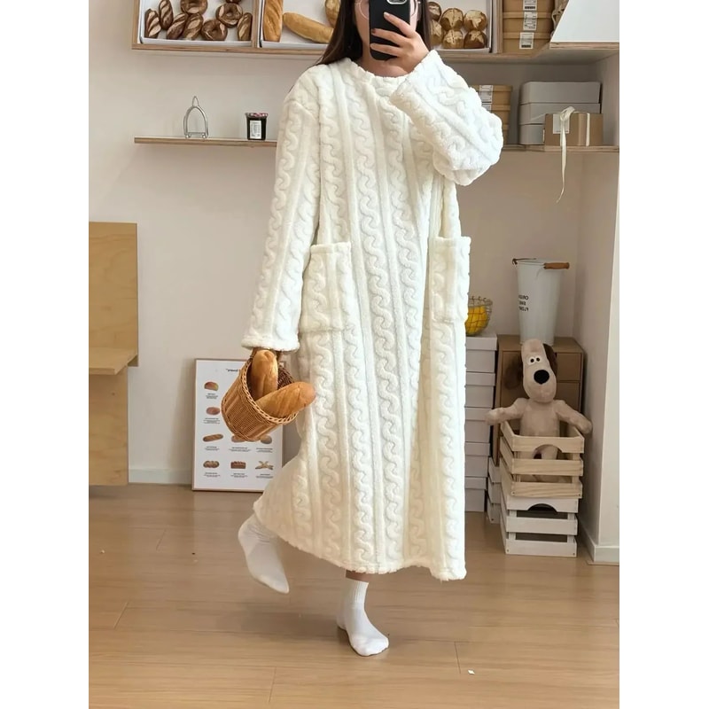 Womens Winter Flannel Nightgown Long Sleeve Thick Coral Fleece Warm Sleep Dress With Pockets 11