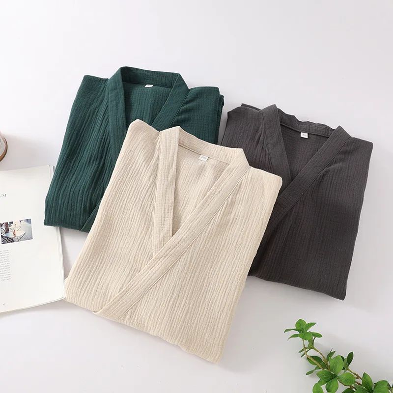 Unisex Cotton Kimono Robe Lightweight Couple Bathrobe Tie Waist Home Lounge Sleepwear 4
