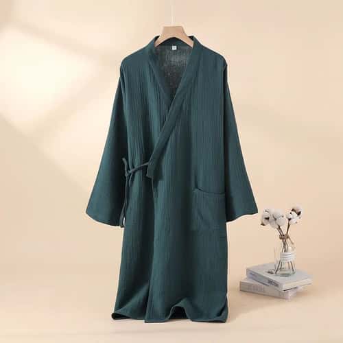 Unisex Cotton Kimono Robe Lightweight Couple Bathrobe Tie Waist Home Lounge Sleepwear