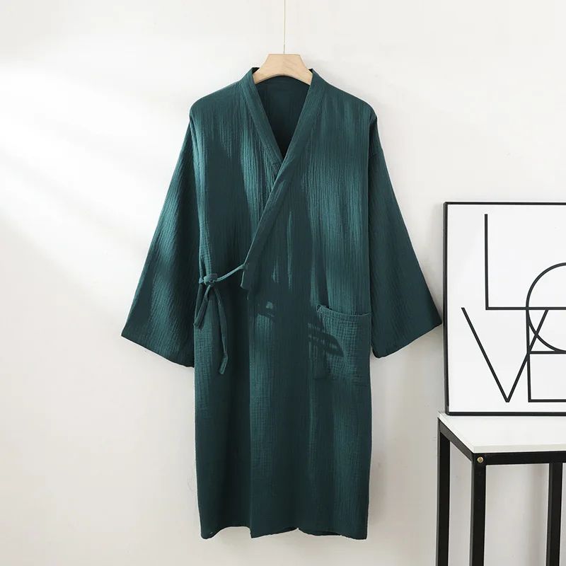 Unisex Cotton Kimono Robe Lightweight Couple Bathrobe Tie Waist Home Lounge Sleepwear 10