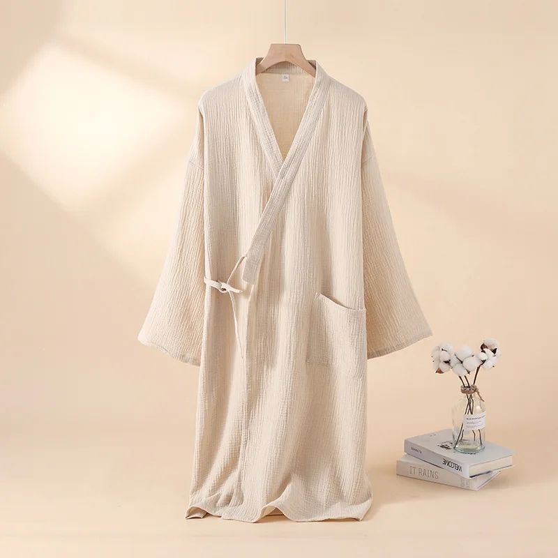 Unisex Cotton Kimono Robe Lightweight Couple Bathrobe Tie Waist Home Lounge Sleepwear 7