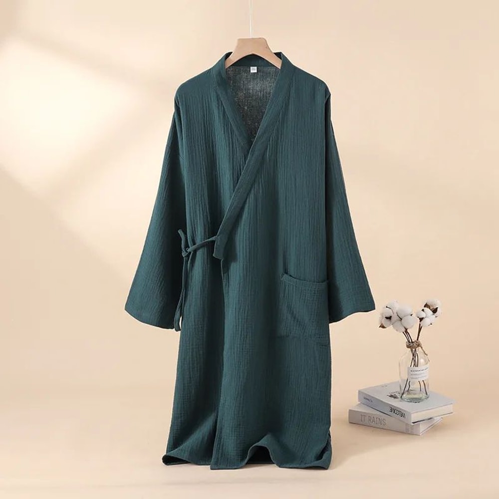 Unisex Cotton Kimono Robe Lightweight Couple Bathrobe Tie Waist Home Lounge Sleepwear 11