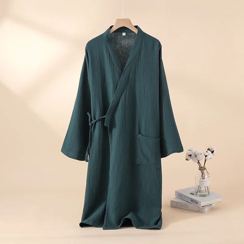 Unisex Cotton Kimono Robe Lightweight Couple Bathrobe Tie Waist Home Lounge Sleepwear 11