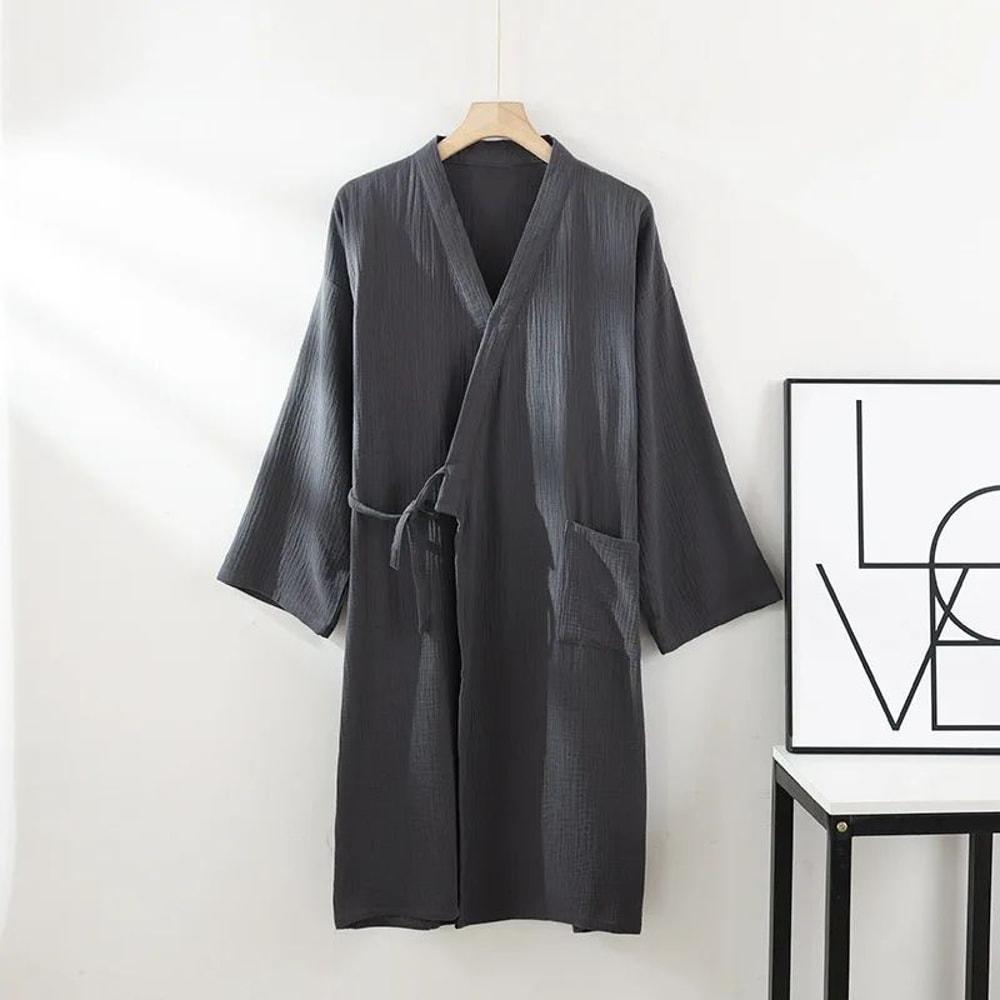 Unisex Cotton Kimono Robe Lightweight Couple Bathrobe Tie Waist Home Lounge Sleepwear 8